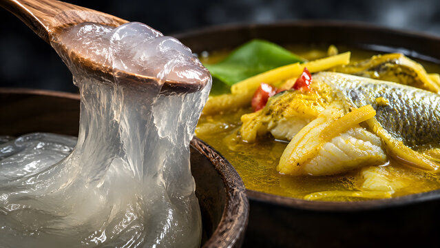 Authentic Papeda Served with Yellow Fish Broth in Traditional Indonesian Cuisine Closeup