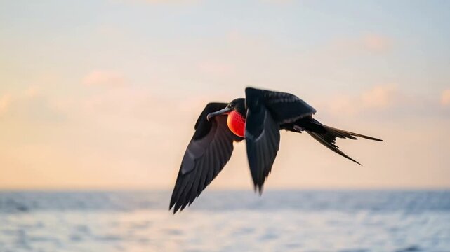 frigatebird flying close up over galapagos islands ecuador beach seascape morning light video