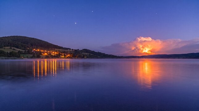 Vibrant lightning storm illuminating distant clouds above calm lake at twilight blue hour horizon with tranquil lake reflecting cloud village lights
