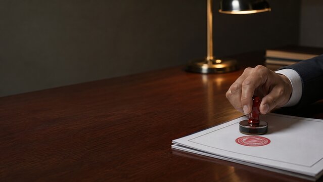 A hand in a suit stamps a document with a red seal, signifying official approval or authentication in a formal setting, illuminated by a desk lamp.
