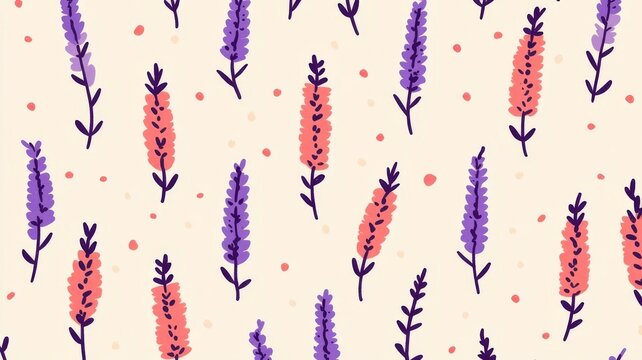 Seamless floral pattern with hand drawn lavender flowers in pink and purple shades on cream background for spring wallpaper design.
