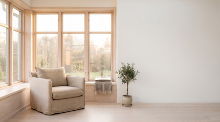 Fototapeta premium Serene sitting room with large windows armchair and olive tree plant
