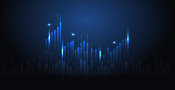 A futuristic financial market candlestick chart shows an upward trend with glowing blue light on a dark background