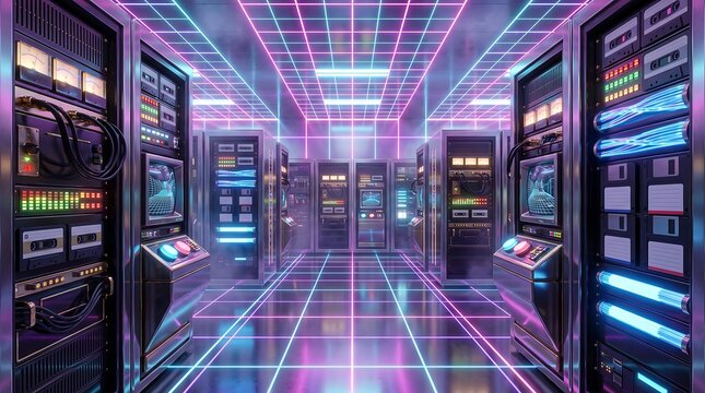 Neon cyberpunk server room with glowing purple lights high tech cyberpunk futuristic computer cabinets datacenter lighting