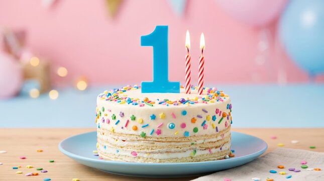First birthday celebration cake with sprinkles and lit candles for baby party with delicious layered cake topped colorful sprinkles candles number one