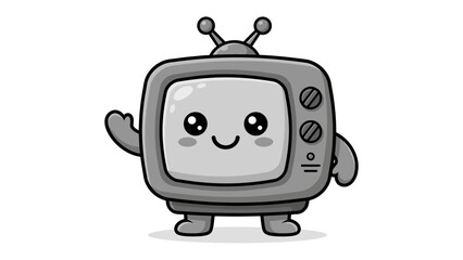 Naklejka premium Kawaii Retro Television Character: A charming, anthropomorphic vintage television with big, adorable eyes and a friendly wave embodies the nostalgic appeal of retro technology.
