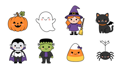 Obraz premium Cute Halloween Icons: A charming collection of kawaii-style Halloween characters, including a pumpkin, ghost, witch, black cat, vampire, Frankenstein, candy corn, and spider.