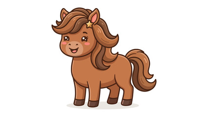 Cute Brown Pony Illustration: A charming cartoon illustration of a brown pony with a flowing mane and a star-shaped hair clip, standing happily and ready for an adventure. © Hossain
