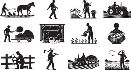 Naklejka premium Black silhouette of agricultural workers performing farm tasks, including milking cows, driving tractors, and manual field cultivation