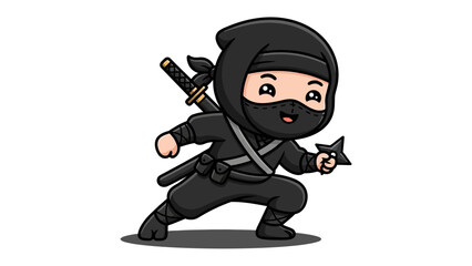 Cute Ninja Warrior: A cartoon ninja in black attire, holding a shuriken, poised for action with a playful grin.