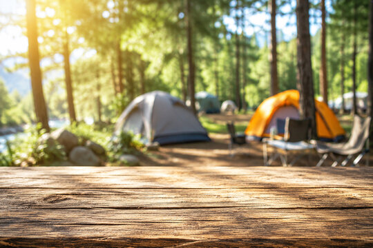 wooden table campsite forest