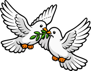 Fototapeta premium Two White Doves Carrying an Olive Branch in Flight, Peace and Love Symbol Illustration