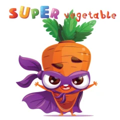 Cute vegetable Carrot character dressed as a superhero standing in a heroic pose with a mask and a flowing cape. Bright playful headline in a colorful kids style is placed above the character. Fun © EnyaLis