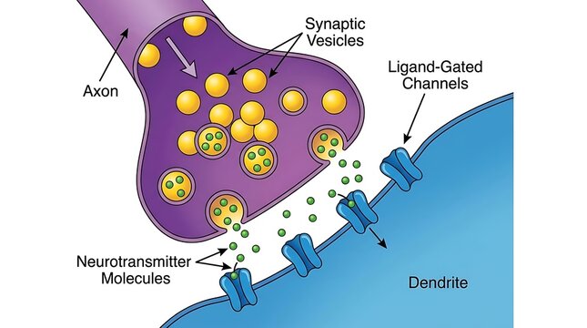 Synaptic transmission diagram showing neurotransmitter molecules and vesicles
