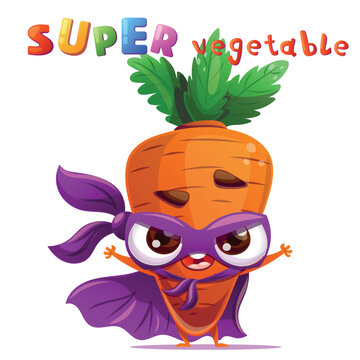 Cute vegetable Carrot character dressed as a superhero standing in a heroic pose with a mask and a flowing cape. Bright playful headline in a colorful kids style is placed above the character. Fun