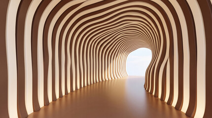 Obraz premium Abstract tunnel with wavy brown and white stripes, modern architectural design, 3d rendering of a futuristic corridor with organic flowing shapes and soft lighting leading to a bright exit