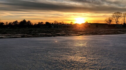 Naklejka premium Freshly poured concrete slab at sunrise with a distant town skyline. Great for construction and urban.