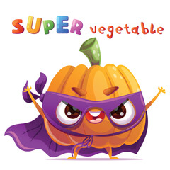 Cute pumpkin vegetable character dressed as a superhero standing in a heroic pose with a mask and a flowing cape. Bright playful headline in a colorful kids style is placed above the character. Fun © EnyaLis