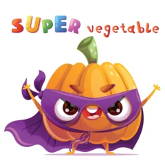 Cute pumpkin vegetable character dressed as a superhero standing in a heroic pose with a mask and a flowing cape. Bright playful headline in a colorful kids style is placed above the character. Fun © EnyaLis