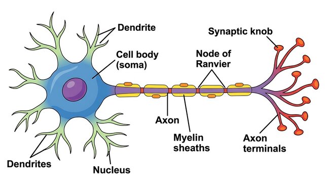 Neuron cell structure illustration with labeled biological components, dendrite