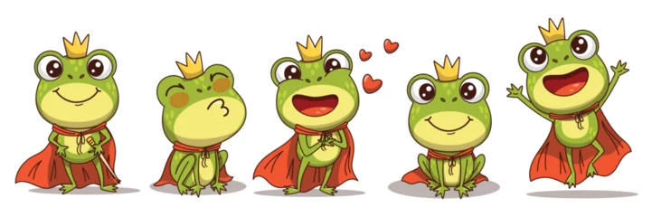 Cute green frog prince cartoon character with bold outline wearing a golden crown and a red royal cape. The collection includes five charming poses standing, sitting, blowing a kiss, jumping, and © EnyaLis