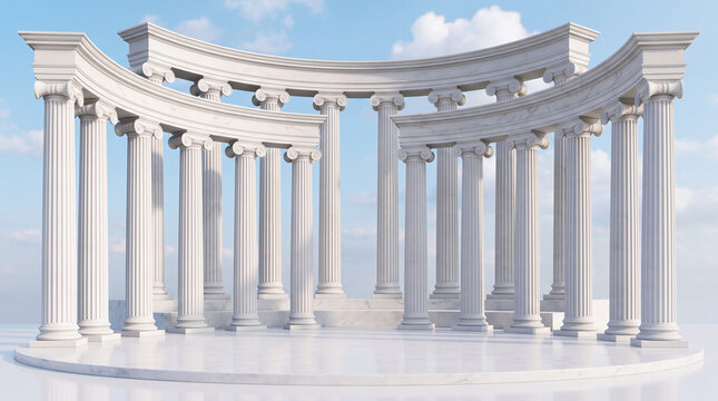 Classical architecture with white marble columns arranged in a semicircle on a podium against a clear blue sky background