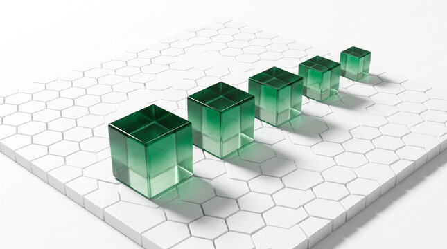 A row of five translucent green glass cubes of decreasing size arranged diagonally on a white hexagonal tiled surface, symbolizing growth, progress, or data visualization