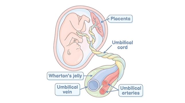 Diagram of human umbilical cord structure and placenta connection with umbilical