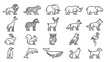 Wild Animal Outline Icon Collection with Safari Mammals Birds Reptiles Vector Illustration Set © QueenPuja