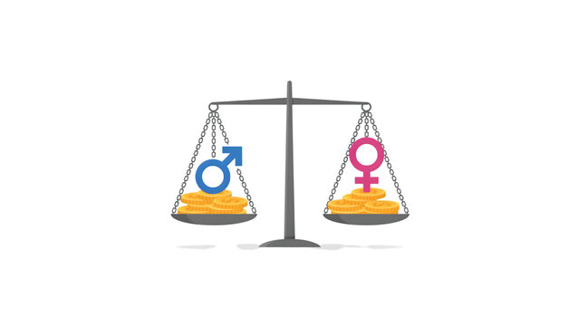 Conceptual illustration of international equal pay day with gender symbols and coins on scales isolated on transparent background