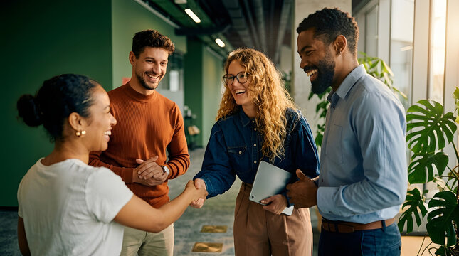 Happy diverse business team shaking hands in modern green office