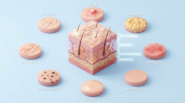 Educational skin layer anatomy model with various dermatological skin conditions