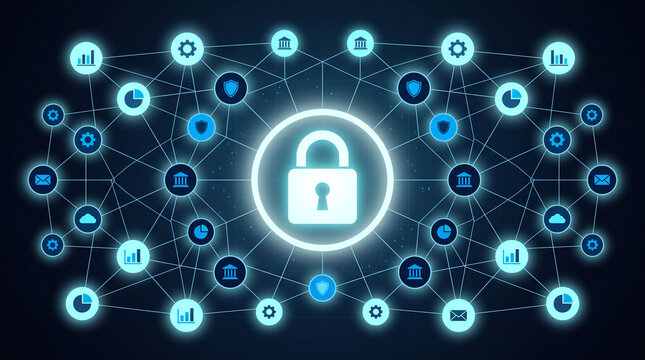 Glowing digital padlock icon. Cyber security network connection. Data protection and privacy concept.