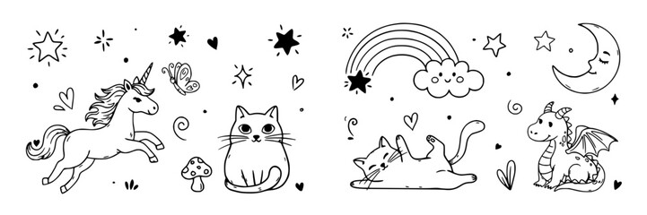 Fototapeta premium Unicorns and Cats in Whimsical Doodle Illustrations with Stars, Rainbows, and Moons Featuring Unicorn, Cat, Illustration
