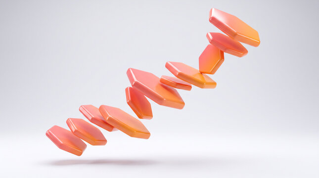 Abstract 3d composition of floating orange and pink hexagonal shapes arranged in a dynamic diagonal line isolated on white background