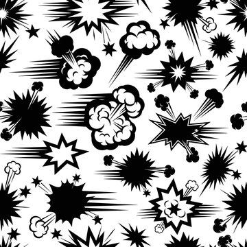 Dense seamless pattern of black comic explosion silhouettes