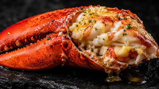 Cooked lobster claw opened to reveal tender meat on a dark surface for gourmet seafood presentation
