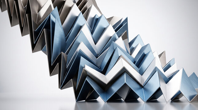 Abstract geometric background with metallic blue and silver accordion folded paper texture, 3d rendering of zigzag pattern