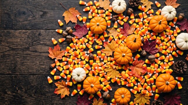 Festive autumn background with candy corn, small pumpkins, and colorful fallen leaves on dark wood