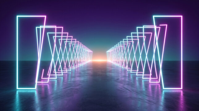 Abstract neon glowing rectangular frames in a dark tunnel, futuristic digital background with light reflection on a wet floor, 3d render illustration