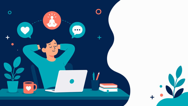 Young person relaxes at desk with laptop. Hands behind head, eyes closed, smiling gently. Thought bubbles show heart, meditation, and speech icons. Cup, plant, and books surround them