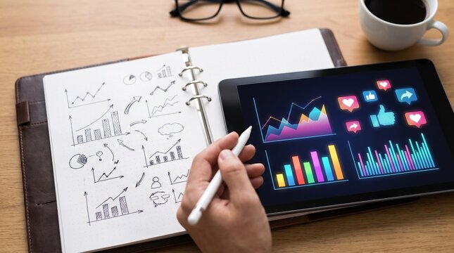 Business analytics and data visualization on tablet and notebook.