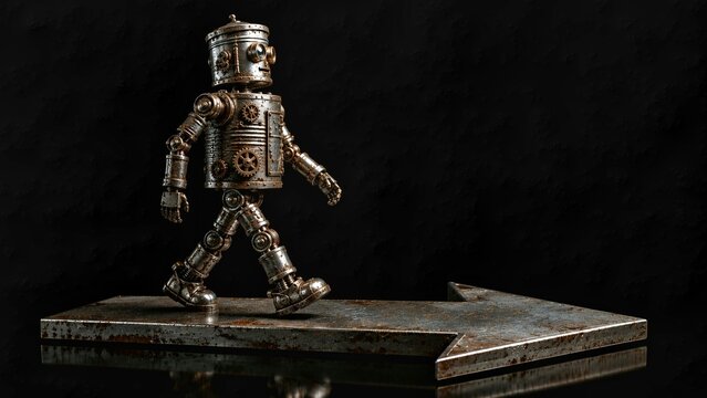Rusty old robot walking on large direction arrow, symbol of progress, future direction and tech evolution
