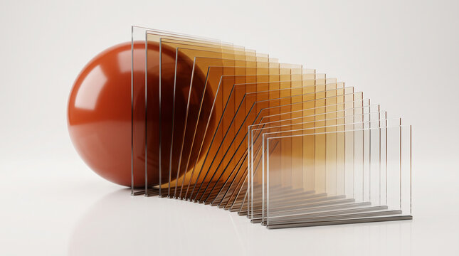A series of transparent ambercolored glass or plastic panels standing upright in a row next to a large, smooth, glossy orange sphere, isolated on white background