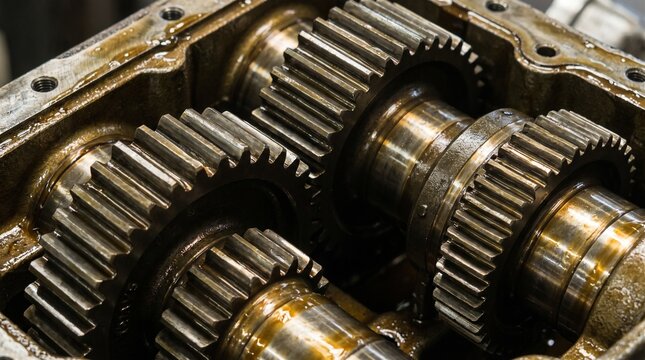 Close up of industrial gears and machinery in a workshop setting.