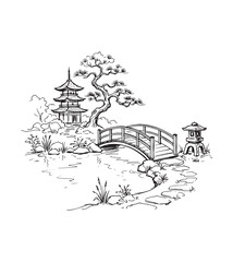 Fototapeta premium Japanese garden sketch with pagoda and bridge. Hand drawn zen landscape vector illustration.