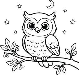 Fototapeta premium Cute cartoon owl sitting on a branch with stars Vector