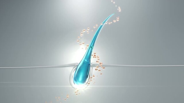 Luxury macro animation of a serum absorbing into the hair follicle, enhancing scalp health, reinforcing hair roots, promoting stronger thicker hair, and showcasing premium cosmetic science.