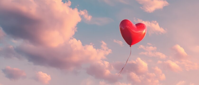 Heart-shaped red balloon floating in blue sky