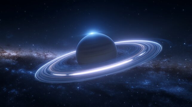Dark Ringed Planet with Glowing Rings in Space